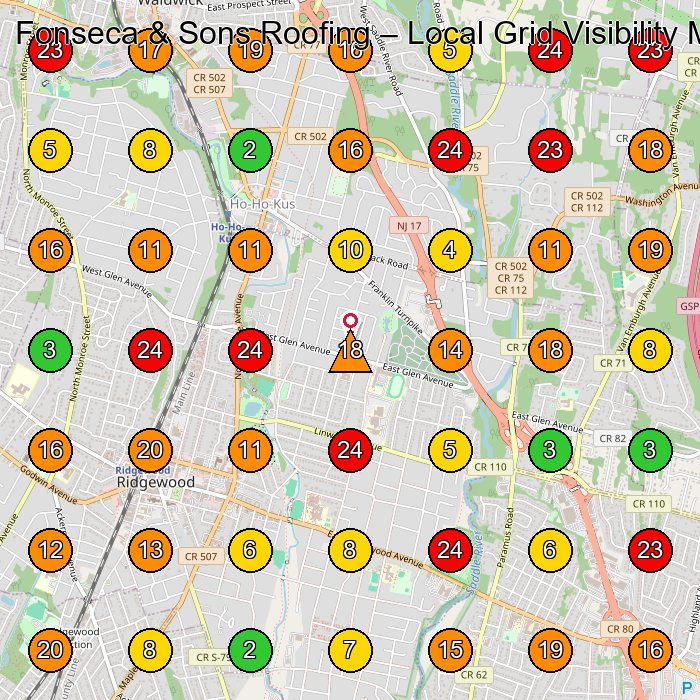 Fonseca & Sons Roofing Roofing Contractor GeoGrid ranking map for Ridgewood NJ